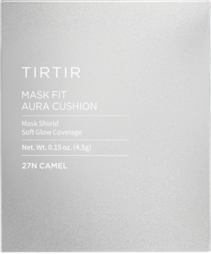 Podkład TIRTIR Mask Fit Aura Cushion Mini 27N Camel, szaro-srebrne matowe pudełko, widok z przodu.