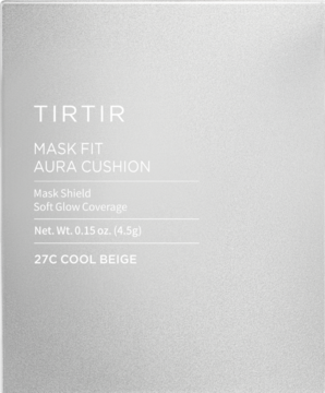 Srebrne opakowanie podkładu TIRTIR Mask Fit Aura Cushion Mini, odcień 27C Cool Beige, widok z przodu.