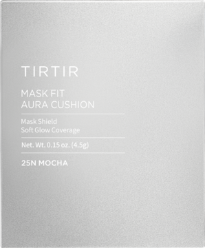 TIRTIR Mask Fit Aura Cushion Mini 25N Mocha, nawilżający podkład w szarym pudełku, widok z przodu.