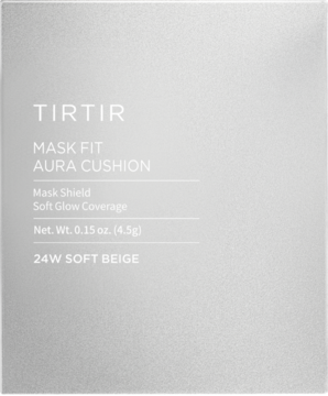Jasnoszare opakowanie TIRTIR Mask Fit Aura Cushion, podkład 24W Soft Beige, z czytelnym tekstem, widok z przodu.