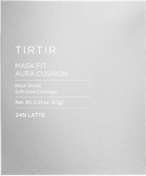 Jasnosiwe opakowanie podkładu TIRTIR Mask Fit Aura Cushion 24N Latte, Soft Glow Coverage, widok z przodu.