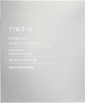 TIRTIR Mask Fit Aura Cushion Mini 13N Fair Ivory, jasnoszare, eleganckie opakowanie, widok z przodu.