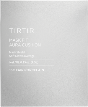 TIRTIR Mask Fit Aura Cushion Mini podkład rozświetlający 15C Fair Porcelain, białe pudełko, widok z przodu.