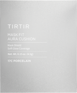 Srebrzyste, frontowe opakowanie TIRTIR Mask Fit Aura Cushion Mini 17C Porcelain. Podkład zapewniający soft glow.