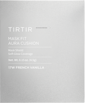 TIRTIR Mask Fit Aura Cushion 17W French Vanilla, nawilżający podkład w jasnoszarym opakowaniu, widok z przodu.