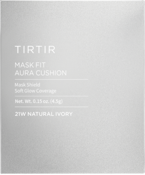 Białe pudełko TIRTIR Mask Fit Aura Cushion Mini, nawilżający podkład 21W Natural Ivory, widok z przodu.