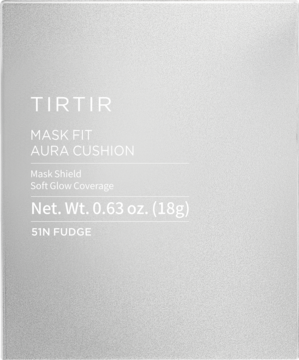 Srebrne opakowanie podkładu TIRTIR Mask Fit Aura Cushion 51N Fudge, widok z przodu, z białym tekstem.