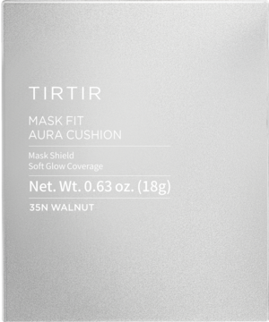 TIRTIR Mask Fit Aura Cushion 35N Walnut, szare pudełko, widok z przodu, nawilżający podkład.