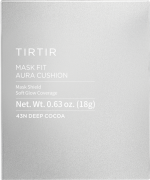 TIRTIR Mask Fit Aura Cushion 43N Deep Cocoa, nawilżający podkład w srebrnym pudełku, widok z przodu.
