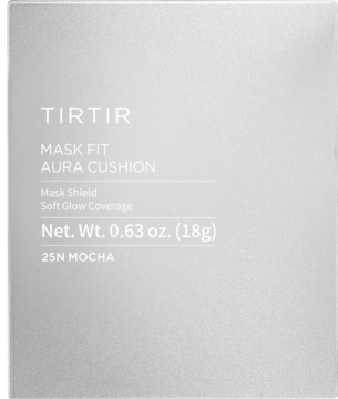 TIRTIR Mask Fit Aura Cushion 25N Mocha, nawilżający podkład w jasnoszarym, kwadratowym opakowaniu, widok z przodu.