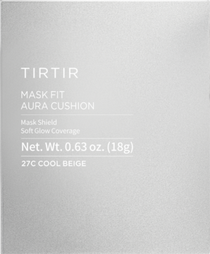 Opakowanie podkładu TIRTIR Mask Fit Aura Cushion 27C Cool Beige. Szare pudełko, widok z przodu.