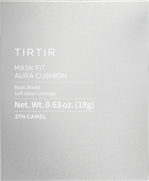 Jasnoszare pudełko TIRTIR Mask Fit Aura Cushion 27N Camel. Zapewnia miękkie, świetliste krycie dla cery.