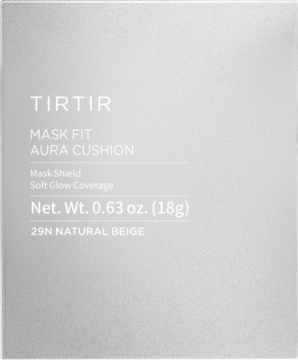 Front jasnego opakowania nawilżającego podkładu TIRTIR Mask Fit Aura Cushion 29N Natural Beige, Soft Glow.