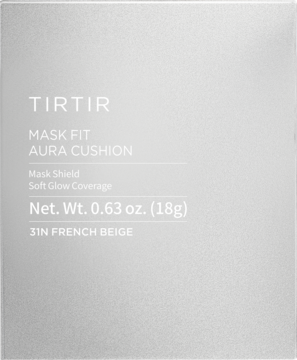 TIRTIR Mask Fit Aura Cushion 31N French Beige. Nawilżający podkład z efektem soft glow, w srebrnym pudełku, widok z przodu.