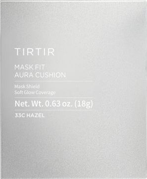 Srebrzysto-szare opakowanie TIRTIR Mask Fit Aura Cushion 33C Hazel, nawilżający podkład do twarzy, z napisem 18g.