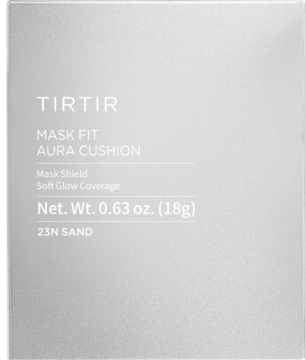 Jasne pudełko TIRTIR Mask Fit Aura Cushion 23N Sand, podkładu do twarzy. Widok z przodu z białymi napisami.