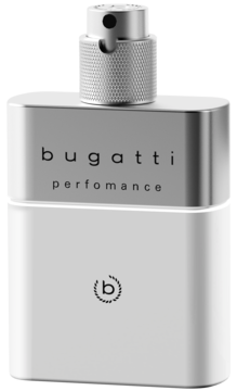 Bugatti Performance Silver Metal woda toaletowa męska, bursztynowo-drzewna. Srebrno-biała butelka z matowym dołem, widok z przodu.