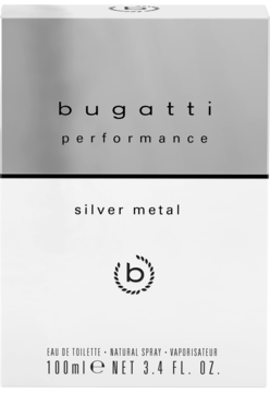 Kartonik Bugatti Performance Silver Metal Eau de Toilette 100ml, szaro-białe opakowanie z napisem i logo, widok z przodu.