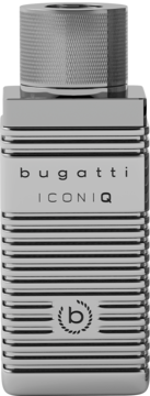 Męska woda toaletowa Bugatti Iconiq Platinum. Srebrna, żebrowana butelka, napis i logo 'b'.