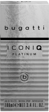 Woda toaletowa Bugatti Iconiq Platinum, srebrne pudełko z poziomymi żłobieniami, widok z przodu, 100ml.
