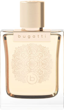 Woda perfumowana Bugatti Bella Donna Dolce Amore, szklany flakon z mandalą, złotym korkiem, widok z przodu.