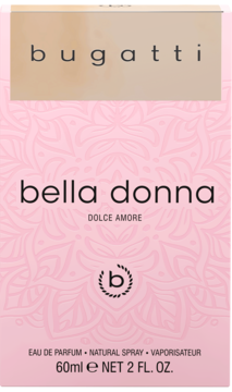 Bugatti Bella Donna Dolce Amore woda perfumowana, różowe pudełko z złotą górą i kwiatowym wzorem, widok z przodu.