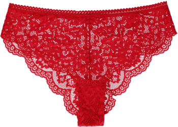 Czerwone koronkowe figi damskie o fasonie tanga, widok z przodu. Delikatny kwiatowy wzór, subtelne marszczenia.