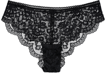 Czarne, koronkowe majtki damskie o kroju hipster, z falistym brzegiem i ozdobnym haftem. Widok z przodu.