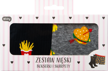 Zestaw męskich bokserek i skarpet Eloy z motywem fast food, frytki i burger, w różowo-białym pudełku w serduszka.