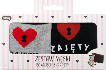 Męski zestaw Eloy: skarpety i bokserki w pudełku. Szare i czarne, z czerwonymi sercami-kłódkami i napisem 'Zajęty'.