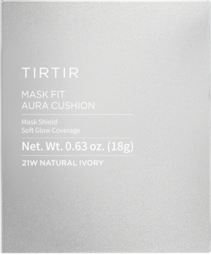 Jasnoszary podkład TIRTIR Mask Fit Aura Cushion 21W Natural Ivory w matowym pudełku, widok z przodu.