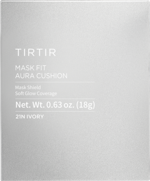 TIRTIR Mask Fit Aura Cushion, nawilżający podkład w jasnoszarym pudełku, odcień 21N Ivory, widok z przodu.