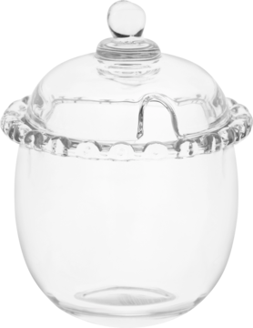 Przezroczysty szklany słoik na miód z ozdobnym rantem, pokrywką i pasującym szklanym dipperem, widok z przodu.