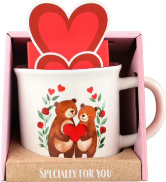 Biały kubek walentynkowy z misiami i czerwonymi sercami w różowym pudełku prezentowym, z tekstem „Specially for You”.
