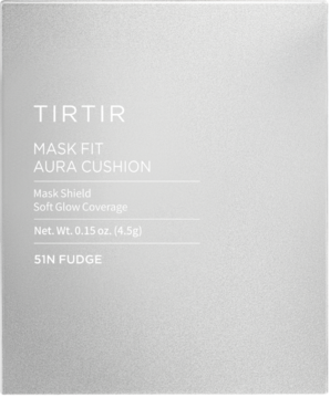 Mini podkład TIRTIR Mask Fit Aura Cushion 51N Fudge, srebrne pudełko z białym tekstem, widok z przodu.