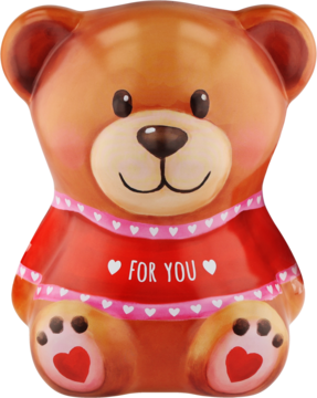 Walentynkowa puszka w kształcie brązowego misia z ciastkami, w czerwonej koszulce z sercami i napisem FOR YOU.