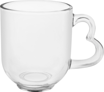 Przezroczysty szklany kubek z wygiętym, sercowatym uchwytem, widok z boku na pusty produkt.