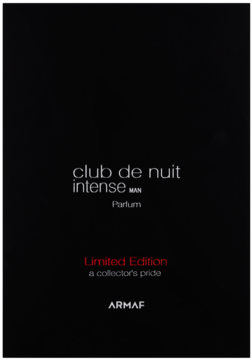 Armaf Club de Nuit Intense Man Parfum Limited Edition, czarne opakowanie z białym i czerwonym tekstem.