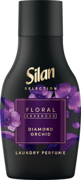 Czarna butelka Silan Floral Essences Diamond Orchid, perfumy do prania, fioletowe orchidee i złote napisy.