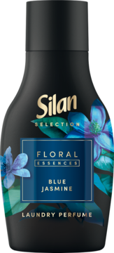 Czarna, zgrabna butelka perfum do prania Silan Selection Blue Jasmine, z niebieskimi kwiatami, widok z przodu.