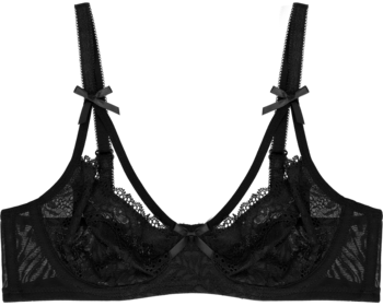 Czarny biustonosz z koronkowymi, nieusztywnianymi miseczkami, małymi satynowymi kokardkami na ramiączkach i mostku, widok z przodu.