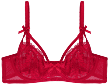 Czerwony koronkowy biustonosz na fiszbinach, z miseczkami z kwiatowym wzorem i kokardkami na ramiączkach, widok przód.