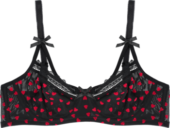 Czarny biustonosz z czerwonymi serduszkami, koronkowym wykończeniem i kokardkami na ramiączkach, widok z przodu.