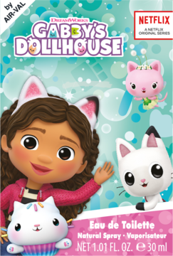 Kolorowa woda toaletowa Gabby's Dollhouse dla dzieci, z wizerunkiem Gabby i kotków. Widok z przodu opakowania.