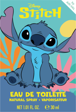 Woda toaletowa Disney Stitch, opakowanie z uśmiechniętym Stitchem na turkusowo-pomarańczowym tle, 30ml.