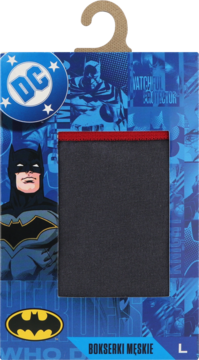 Męskie bokserki Batman w rozmiarze L, ciemnoszare z czerwonym pasem, w niebieskim opakowaniu DC Comics z grafikami.
