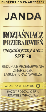Złoty krem JANDA Rozjaśniacz Przebarwień SPF 50 z Witaminą C, widok z przodu opakowania.