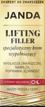 JANDA LIFTING FILLER krem wypełniający na zmarszczki. Złote opakowanie, tekst: 3 formy kolagenu, dzień/noc.