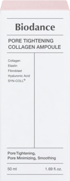 Biodance Pore Tightening Collagen Ampoule 50ml w białym pudełku, z informacjami o zwężaniu porów i kolagenie.