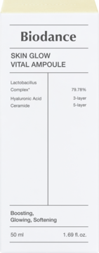 Ampułka do twarzy Biodance Skin Glow Vital w białym kartoniku, widok z przodu. Skład: Lactobacillus, HA, ceramidy.